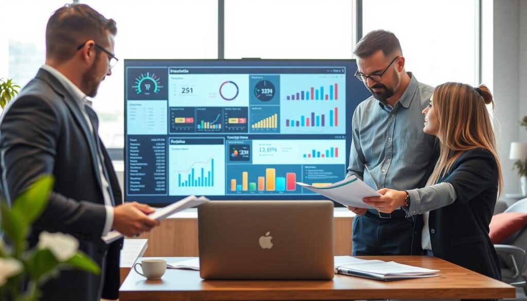 A professional setting depicting the methods used by insurers to assess vehicle value. In the foreground, a diverse group of three professionals in business attire, engaged in a discussion over insurance documents and a laptop displaying graphs and charts. The middle ground features a large digital screen showcasing visual data representations related to vehicle valuation, like pricing models and comparison graphs. The background boasts an office environment with modern furnishings, soft natural light streaming in through large windows, creating a bright and inviting atmosphere. The image should convey a sense of professionalism, collaboration, and analytical thinking, suitable for illustrating methodologies employed by insurers in their valuation processes. A professional setting depicting the methods used by insurers to assess vehicle value. In the foreground, a diverse group of three professionals in business attire, engaged in a discussion over insurance documents and a laptop displaying graphs and charts. The middle ground features a large digital screen showcasing visual data representations related to vehicle valuation, like pricing models and comparison graphs. The background boasts an office environment with modern furnishings, soft natural light streaming in through large windows, creating a bright and inviting atmosphere. The image should convey a sense of professionalism, collaboration, and analytical thinking, suitable for illustrating methodologies employed by insurers in their valuation processes.