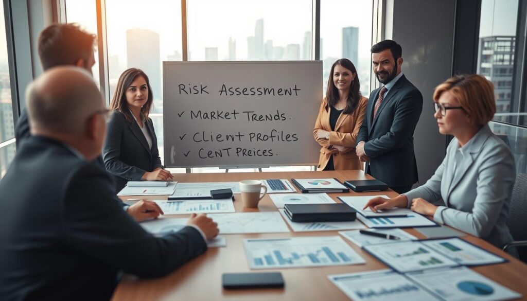 A professional setting depicting various factors influencing insurance valuation. In the foreground, a diverse group of business professionals in smart attire engage in a discussion around a large table. On the table, there are charts, graphs, and financial documents related to insurance valuation. In the middle ground, a whiteboard displays key elements like "Risk Assessment," "Market Trends," and "Client Profiles" written in clear, bold letters. In the background, a large window reveals a city skyline bathed in soft, natural light, creating a bright and optimistic atmosphere. The overall tone is serious yet collaborative, highlighting the importance of teamwork in understanding insurance valuation. Use a shallow depth of field to keep the focus on the professionals while softly blurring the background details.