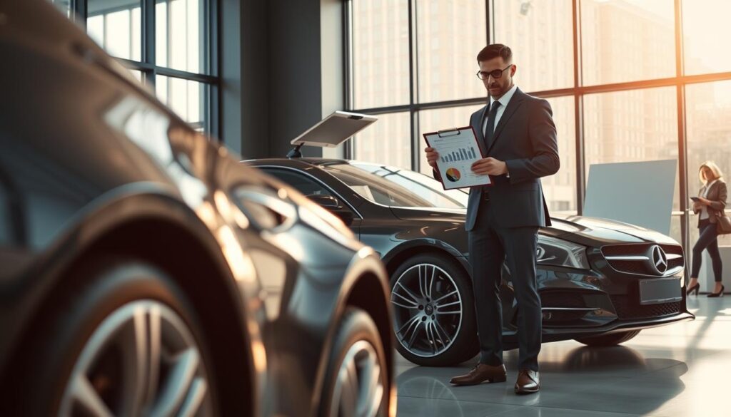 A professional setting illustrating key factors influencing vehicle valuation. In the foreground, a detailed, sleek car is parked, showcasing aspects like its paint job, wheels, and features. The middle ground features a confident business professional in business attire, examining a clipboard with data charts and graphs, symbolizing valuation metrics. In the background, a modern office space with large windows, letting in soft, warm sunlight that creates an inviting atmosphere. The angle is slightly elevated, capturing both the car and the professional's engagement with the valuation process. The overall mood is focused and analytical, emphasizing the importance of accurate vehicle assessments without any text or logos present. A professional setting illustrating key factors influencing vehicle valuation. In the foreground, a detailed, sleek car is parked, showcasing aspects like its paint job, wheels, and features. The middle ground features a confident business professional in business attire, examining a clipboard with data charts and graphs, symbolizing valuation metrics. In the background, a modern office space with large windows, letting in soft, warm sunlight that creates an inviting atmosphere. The angle is slightly elevated, capturing both the car and the professional's engagement with the valuation process. The overall mood is focused and analytical, emphasizing the importance of accurate vehicle assessments without any text or logos present.