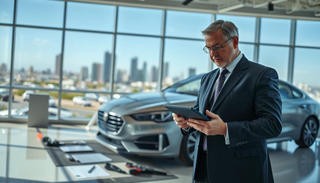 A professional vehicle appraiser examining a car's condition in a bright, well-lit office environment. In the foreground, focus on a middle-aged male appraiser in smart business attire, using a digital tablet to assess the vehicle's value. The car, a sleek, modern vehicle in pristine condition, occupies the middle ground, with various automotive tools and reports spread around. In the background, a large window reveals a bustling cityscape under clear blue skies, enhancing the atmosphere of professionalism and expertise. Soft, natural lighting illuminates the scene, casting gentle shadows that emphasize the details of the appraiser's focused expression and the car’s features, conveying an air of reliability and competence.