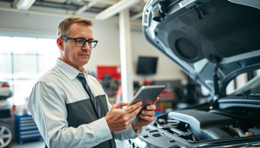 A professional vehicle expert, depicted in business attire, stands confidently in an automotive inspection garage. In the foreground, the expert, a middle-aged Caucasian male with short hair and glasses, examines a vehicle's engine meticulously while holding a digital tablet. The middle ground features a well-lit, organized garage with various tools and equipment displaying a clean, professional environment. The background reveals a large window allowing natural light to flood the space, casting soft shadows. The atmosphere is serious yet focused, highlighting the importance of vehicle assessments. The lighting is bright and even, emphasizing details in the expert’s facial expression and the vehicle parts. Capture a slightly angled shot to convey depth, showcasing the meticulous nature of expert evaluations.