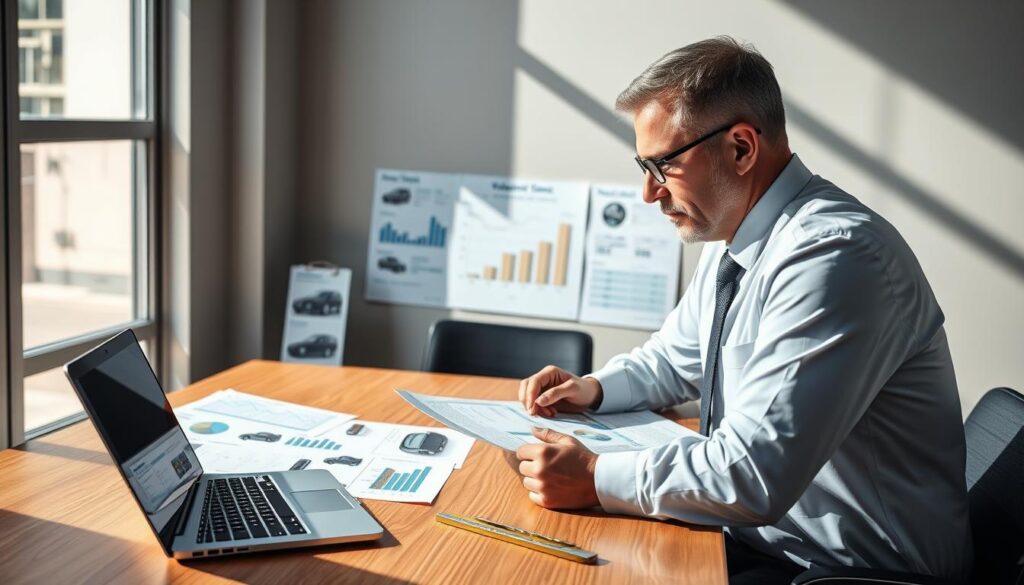 A professional vehicle valuation expert, depicted in a modern office environment, analyzing detailed automotive reports on a sleek wooden desk. The expert, a middle-aged individual wearing smart business attire, is focused and engaged, with a laptop and measuring tools visible in the foreground. In the middle ground, an array of automotive prints and charts can be seen, displaying valuation statistics and comparisons. The background features a large window with natural light streaming in, casting soft shadows across the room, enhancing the atmosphere of professionalism and diligence. The overall mood is analytical and serious, emphasizing the importance of accurate vehicle valuation in the insurance context. The composition captures an expert at work, showcasing precision and expertise without any text or distractions. A professional vehicle valuation expert, depicted in a modern office environment, analyzing detailed automotive reports on a sleek wooden desk. The expert, a middle-aged individual wearing smart business attire, is focused and engaged, with a laptop and measuring tools visible in the foreground. In the middle ground, an array of automotive prints and charts can be seen, displaying valuation statistics and comparisons. The background features a large window with natural light streaming in, casting soft shadows across the room, enhancing the atmosphere of professionalism and diligence. The overall mood is analytical and serious, emphasizing the importance of accurate vehicle valuation in the insurance context. The composition captures an expert at work, showcasing precision and expertise without any text or distractions.
