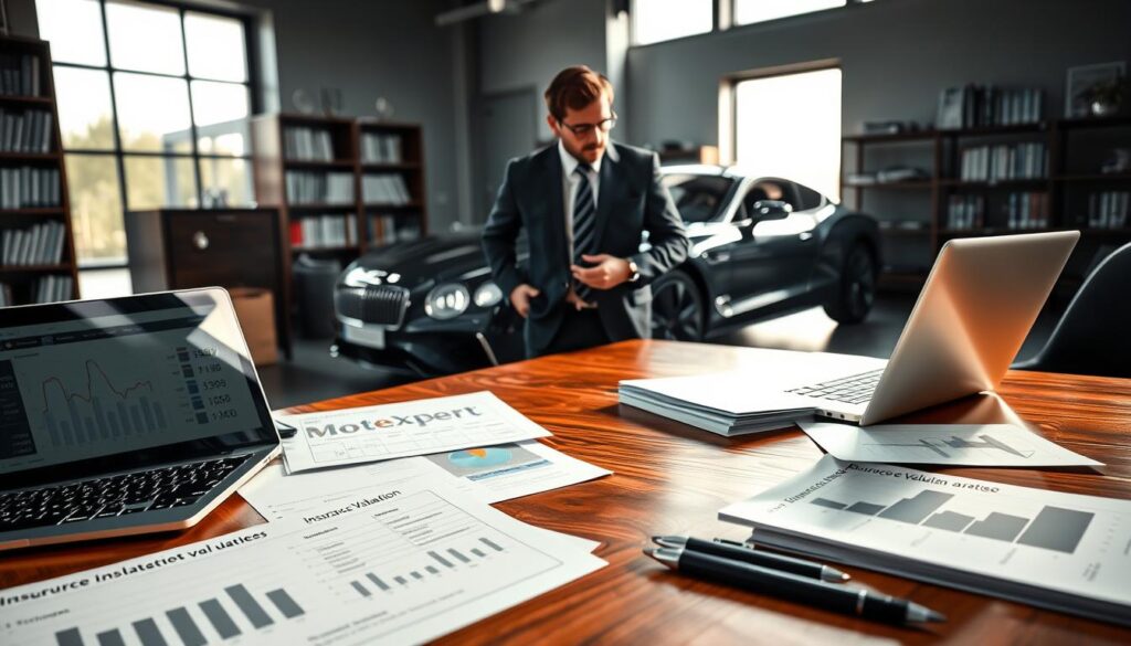 A sleek and modern office environment featuring a professional appraiser, depicted in smart business attire, analyzing a vehicle model. The foreground showcases a polished wooden desk cluttered with detailed documents labeled "MOTOEXPERT 11 400 EUR" and "Insurance Valuation," alongside a laptop displaying charts and figures. In the middle, the appraiser is examining a luxury car, its sleek lines glimmering under bright, focused lighting, emphasizing its features. The background reveals shelves lined with automotive books and a large window letting in natural light, creating a dynamic interplay of shadows. The atmosphere conveys professionalism and expertise, with hints of analytical insight, capturing the essence of vehicle valuation. The angle is slightly elevated to give an overview of the entire scene while maintaining focus on the appraiser and the car.