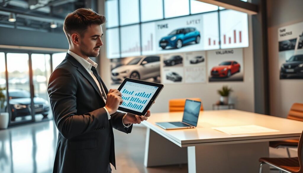 A sophisticated office interior showcasing a dynamic and professional setting for an automobile valuation process. In the foreground, a confident business professional in smart attire is examining a digital tablet with graphs and numbers, reflecting data analytics for vehicle valuations. The middle ground features a sleek modern desk with financial reports and a laptop, while a large window provides natural light, enhancing the atmosphere. The background includes images of cars and valuation charts on the wall, creating an engaging environment that conveys accuracy and professionalism. The overall mood is serious yet productive, emphasizing the theme of time efficiency in auto valuations, accentuated by warm lighting and a contemporary design.