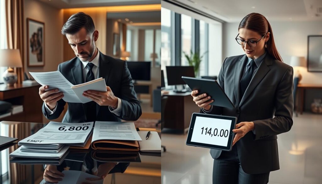 A split image presenting a detailed comparison of two vehicle insurance valuations. On the left, depict an elegant office with a professional insurance advisor in smart business attire, analyzing a stack of documents labeled "6,800 EUR" under warm, soft lighting. On the right, showcase a modern, sleek workspace where a MOTOEXPERT consultant, also in business attire, reviews a digital tablet displaying “14,200 EUR,” under bright, focused lighting. In the background, both settings should reflect a high-level business environment with minimalistic decor and subtle colors that suggest professionalism. The atmosphere should convey a sense of clarity and contrast, emphasizing the key differences in insurance valuations, with an overall mood of analytical precision and professionalism.