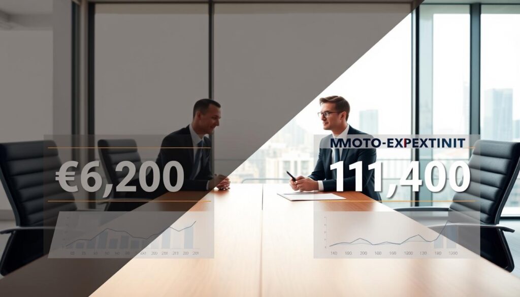 A split-screen composition illustrating a professional comparison between two insurance valuation processes, with one side showcasing the insurance company’s valuation at €6,200 and the other side displaying MOTOEXPERT’s valuation at €11,400. In the foreground, detailed graphs and charts depicting valuation methods, with clear numerical figures emphasized. The middle ground features two business professionals, dressed in smart business attire, discussing the findings at a modern office setting with a polished wooden table. The background includes a large window overlooking a city skyline, with soft, natural light illuminating the scene. The atmosphere is serious yet optimistic as they reach their final conclusions, and the overall color scheme is neutral, highlighting professionalism.