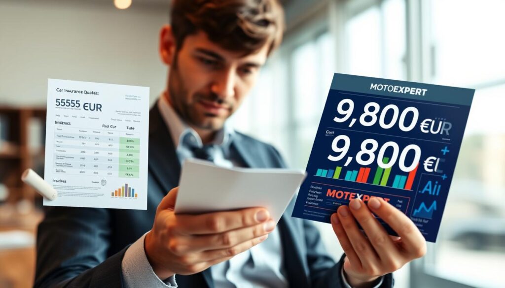 A split-screen image comparing two car insurance quotes, with the left side showing a digital presentation of the "5,555 EUR" valuation from a traditional insurer, featuring a neat document layout with graphs and financial visuals in a professional office setting. The right side showcases "9,800 EUR" valuation from MOTOEXPERT, depicted in a modern, innovative style with vibrant colors and dynamic charts, all set against a sleek, tech-inspired background. The foreground includes a businessperson in professional attire analyzing both documents with a thoughtful expression. Soft, natural lighting illuminates the scene, enhancing the focus on the contrasting values, while a slight depth of field creates an inviting atmosphere conducive to discussion and analysis. A split-screen image comparing two car insurance quotes, with the left side showing a digital presentation of the "5,555 EUR" valuation from a traditional insurer, featuring a neat document layout with graphs and financial visuals in a professional office setting. The right side showcases "9,800 EUR" valuation from MOTOEXPERT, depicted in a modern, innovative style with vibrant colors and dynamic charts, all set against a sleek, tech-inspired background. The foreground includes a businessperson in professional attire analyzing both documents with a thoughtful expression. Soft, natural lighting illuminates the scene, enhancing the focus on the contrasting values, while a slight depth of field creates an inviting atmosphere conducive to discussion and analysis.