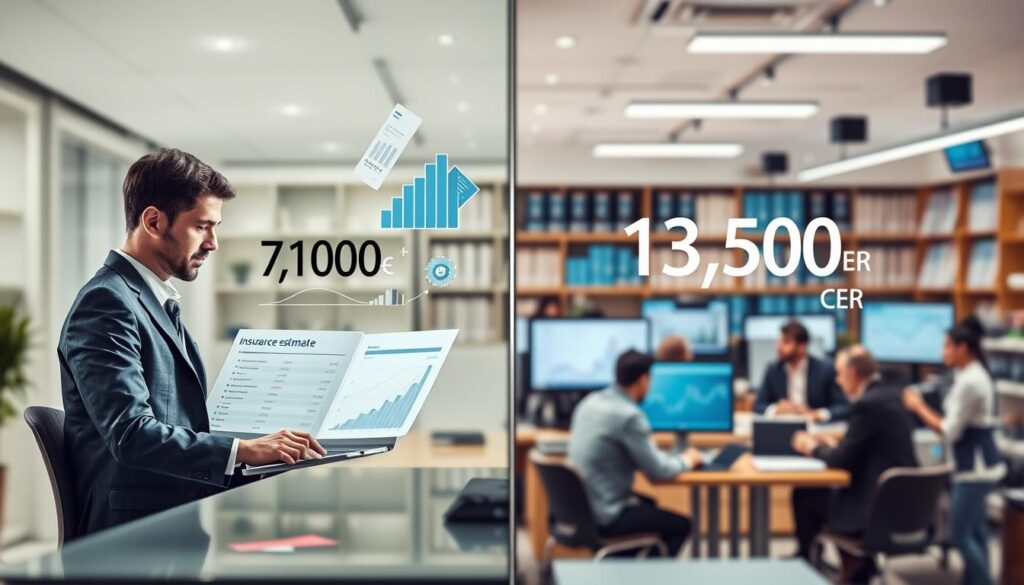 A split-screen image depicting the differences in insurance valuation. On the left, show a clear, detailed breakdown of an insurance estimate of 7,100 EUR, with charts and figures floating above a serene office space where a professional employee in business attire analyzes data on a laptop. On the right, illustrate an alternative valuation of 13,500 EUR, featuring a busy office environment with multiple colleagues in professional attire discussing the data. The background should be filled with shelves of insurance documents and flickering screens displaying financial graphs. Soft, even lighting enhances the clarity of details, while a slight focus blur on the edges helps center attention on the contrasting valuations. The mood is analytical and informative, aimed at highlighting the significance of insurance price differences.