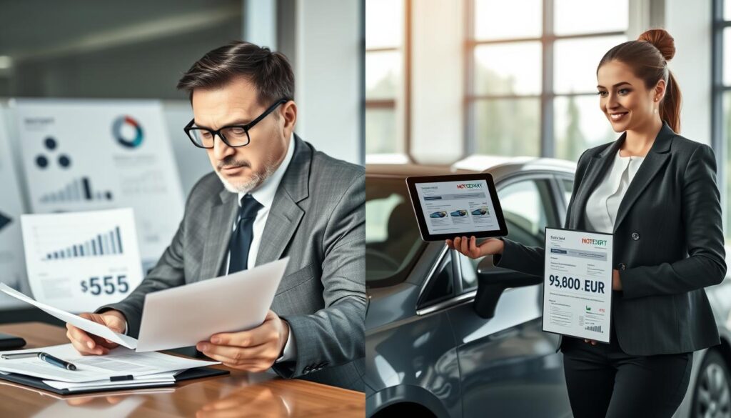 A split-screen image illustrating a comparison between two car insurance valuations. On the left, depict a professional insurance adjuster examining documents at a desk, with charts and graphs displaying the value of 5,555 EUR. The adjuster, a middle-aged man in a well-fitted suit, looks focused and analytical. On the right, show a seasoned automotive appraiser from MOTOEXPERT standing next to a car, confidently presenting evaluations worth 9,800 EUR. This appraiser, a woman in smart casual attire, points at a tablet showcasing detailed reports. The background features a modern office setting, softly lit with natural light filtering through large windows, creating a serious yet optimistic atmosphere, highlighting the theme of professional evaluations and recommendations. A split-screen image illustrating a comparison between two car insurance valuations. On the left, depict a professional insurance adjuster examining documents at a desk, with charts and graphs displaying the value of 5,555 EUR. The adjuster, a middle-aged man in a well-fitted suit, looks focused and analytical. On the right, show a seasoned automotive appraiser from MOTOEXPERT standing next to a car, confidently presenting evaluations worth 9,800 EUR. This appraiser, a woman in smart casual attire, points at a tablet showcasing detailed reports. The background features a modern office setting, softly lit with natural light filtering through large windows, creating a serious yet optimistic atmosphere, highlighting the theme of professional evaluations and recommendations.