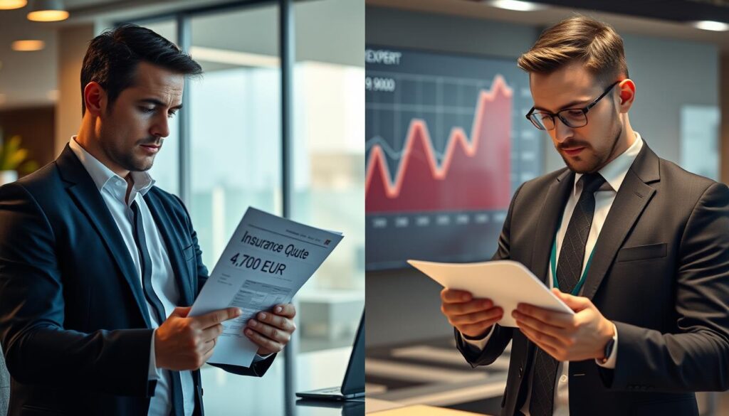 A split-screen image illustrating a comparison of two car insurance quotes. On the left side, show a modern office environment with a professional wearing business attire, carefully reviewing paperwork labeled "Insurance Quote: 4,700 EUR" under warm, soft lighting. He looks contemplative and focused. On the right side, depict a sleek, contemporary workspace featuring another professional, also in business attire, examining a document titled "MOTOEXPERT Quote: 9,900 EUR" with an analytical expression. Incorporate a visible graph chart in the background displaying contrasting figures. The atmosphere should be serious and informative, capturing the essence of decision-making in insurance. Use a slight tilt angle to create a dynamic composition, ensuring both subjects are clearly visible without any overlays or text.