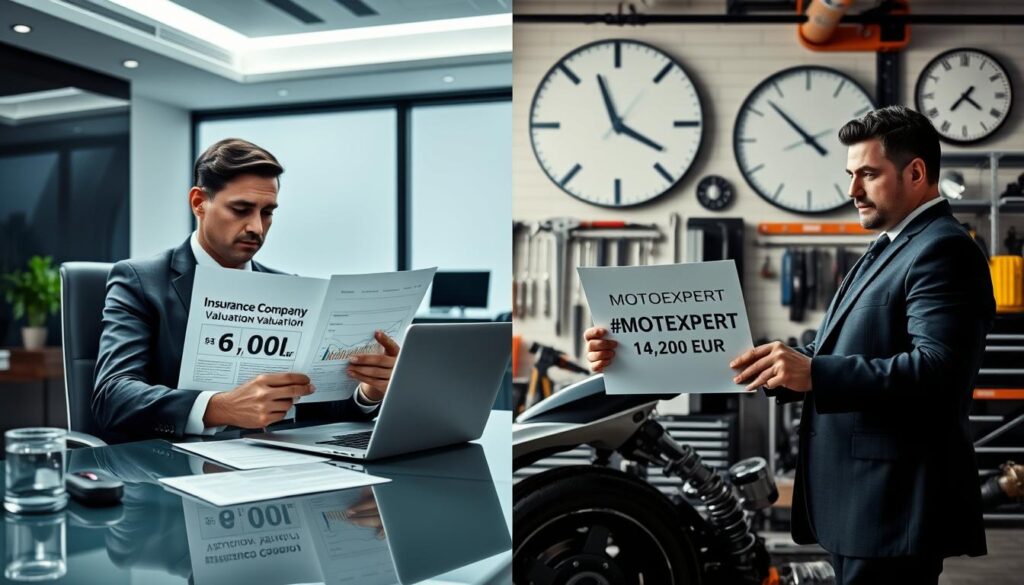 A split-screen image illustrating the differences in insurance valuations. On the left, a polished office setting with a professional in business attire seated at a desk, reviewing documents labeled "Insurance Company Valuation: 6,800 EUR." The atmosphere is serious and analytical, with soft overhead lighting and a sleek laptop showing detailed graphs. On the right, a modern, bright workshop environment featuring another professional in business attire, highlighting the document titled "MOTOEXPERT Valuation: 14,200 EUR." This side is more dynamic, filled with tools and vehicle parts, portraying a hands-on approach. The background features a large wall clock, subtly indicating the passage of time. The overall mood is one of analysis and comparison, balanced and insightful.
