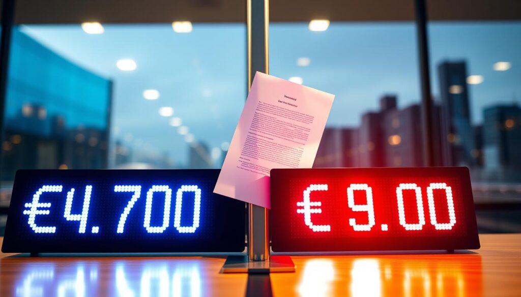 A visually engaging comparison image illustrating two contrasting car insurance valuations: one representing €4,700 and the other €9,900. In the foreground, a sleek digital display board showcases the two amounts side by side, illuminated with vivid lighting to emphasize the differences. The middle layer features a mock-up of a car insurance policy document, fluttering slightly in a light breeze, giving a sense of importance to the valuations. The background includes a blurred city skyline, hinting at an urban environment where these valuations would take place. The overall atmosphere is professional and analytical, evoking a sense of informed decision-making. The lighting is bright and clear, symbolizing transparency in the comparison, captured from a low angle to create a sense of stature and seriousness. A visually engaging comparison image illustrating two contrasting car insurance valuations: one representing €4,700 and the other €9,900. In the foreground, a sleek digital display board showcases the two amounts side by side, illuminated with vivid lighting to emphasize the differences. The middle layer features a mock-up of a car insurance policy document, fluttering slightly in a light breeze, giving a sense of importance to the valuations. The background includes a blurred city skyline, hinting at an urban environment where these valuations would take place. The overall atmosphere is professional and analytical, evoking a sense of informed decision-making. The lighting is bright and clear, symbolizing transparency in the comparison, captured from a low angle to create a sense of stature and seriousness.