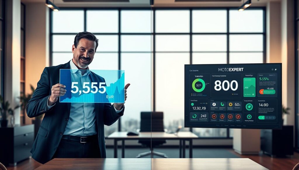 A visually engaging comparison of two car insurance evaluations, depicted in a split-screen format. On the left, a professional insurance agent in business attire, presenting a digital graph showing a valuation of 5,555 EUR, with key figures highlighted in blue. On the right, a modern digital interface showcasing MOTOEXPERT’s valuation of 9,800 EUR, with dynamic features like animated charts and icons, colored in green. The background features an office setting with a contemporary desk, soft lighting casting a warm atmosphere, and large windows letting in natural light. The overall mood should convey professionalism and clarity, enhancing the theme of comparing insurance valuations without any distractions like text or watermarks.