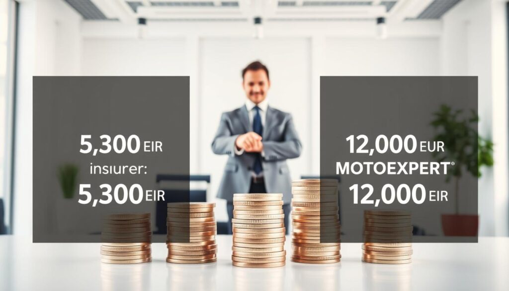 A visually striking image illustrating a comparison of insurance valuations between two entities: the insurer valuing at 5,300 EUR on one side and MOTOEXPERT at 12,000 EUR on the other. In the foreground, a split screen displays two distinct piles of coins or stacks of money, labeled visually without text; one stack representing the insurer’s lower valuation, and the other reflecting MOTOEXPERT's higher figure. In the middle ground, a professional-looking businessperson in formal attire stands confidently, pointing towards the higher stack, symbolizing decision-making. The background is a clean, modern office setting with soft, natural lighting that emphasizes professionalism and clarity. The overall mood is analytical and focused.