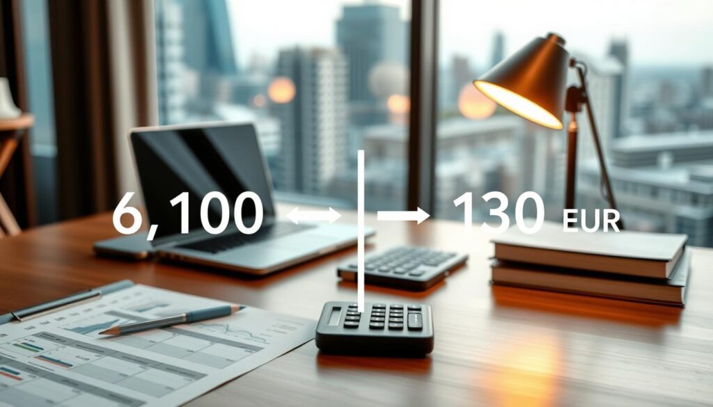 A visually striking image of a financial comparison chart, showcasing two distinct valuation amounts: 6,100 EUR and 13,200 EUR. In the foreground, a sleek, modern infographic displays these amounts prominently, with arrows indicating a comparison. The middle section features a professional-looking workspace with a laptop, financial documents, and a calculator, all on an elegant wooden desk. The background includes a soft-focus of a cityscape through a large window, hinting at a bustling corporate environment. The lighting is warm and inviting, cast from a nearby lamp, creating a thoughtful and analytical atmosphere. The image should avoid any text or branding, focusing solely on the visual comparison.