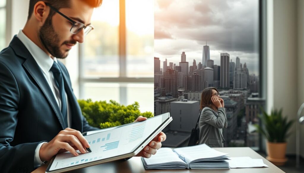 A balanced composition depicting two distinct perspectives on insurance valuation and risk assessment. In the foreground, a professional looking at financial charts and graphs on a tablet, dressed in smart business attire. In the middle ground, a split image showing contrasting scenarios: on one side, a serene landscape symbolizing low risk with calm waters and greenery; on the opposite side, a chaotic city environment representing high risk, with stormy skies and bustling streets. The background features a blend of subtle office elements, like a window showcasing a city skyline, to add depth. Use soft, natural lighting to create an analytical and thoughtful atmosphere, capturing the essence of evaluating insurance amidst varying levels of risk.