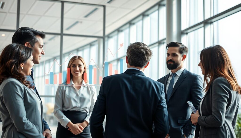A balanced composition illustrating the concept of "Reputation of Insurers." In the foreground, a diverse group of professionals in business attire engages in a thoughtful discussion, symbolizing collaboration and assessment. In the middle ground, visuals of fluctuating graphs and charts represent insurance company reputations and financial comparisons. The background features a modern office environment with large windows allowing natural light to flood the scene, casting soft shadows for depth. Use a slight tilt-angle lens effect to create a dynamic perspective. Aim for a professional and analytical mood, with clear focus on the human interaction, depicting serious but optimistic expressions as they evaluate insurer reliability and performance. No text or distractions present.