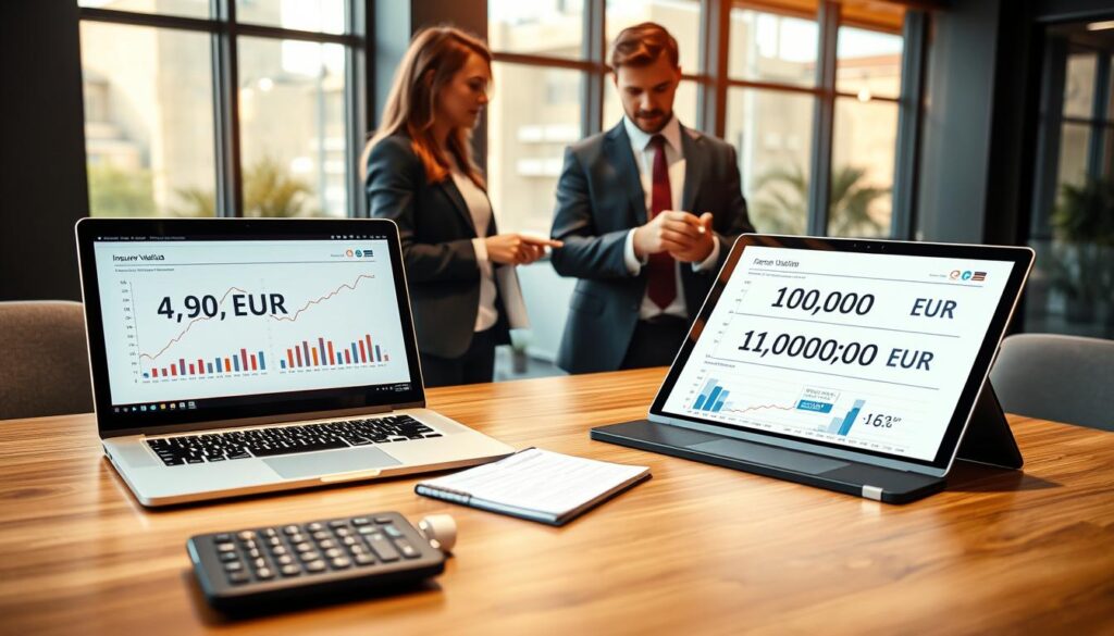 A concept image illustrating "comparison of insurer valuations," showcasing two distinct financial reports side by side on a sleek wooden desk. In the foreground, an open laptop displays graphs and charts, capturing the valuations of 4,900 EUR and 10,200 EUR. A calculator rests beside a notepad filled with notes. In the middle, two professionals in business attire engage in discussion, one pointing at the reports while the other takes notes, conveying a sense of analysis and collaboration. The background features a modern office setting with large windows allowing warm natural light to illuminate the scene, creating a focused and professional atmosphere. The camera angle is slightly elevated, emphasizing the details on the desk while maintaining a clear view of the professionals at work.
