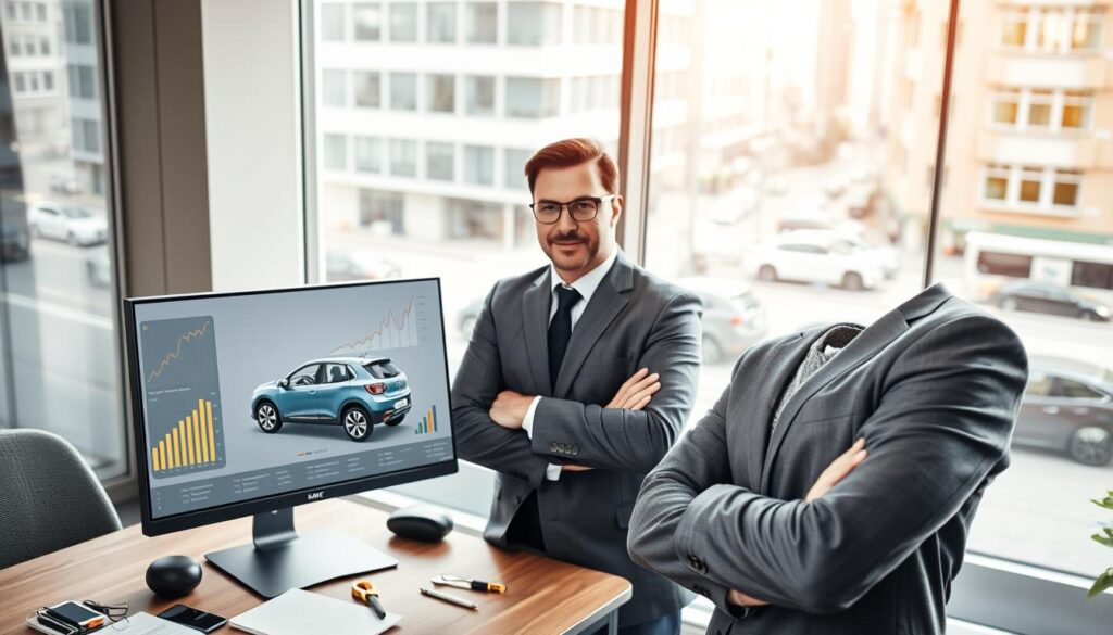 A confident automotive expert, dressed in professional business attire, stands in a modern office environment. The foreground captures the expert analyzing a vehicle's 3D model on a sleek computer with graphs and charts displaying valuation data in the background. The middle layer features a desktop cluttered with tools of the trade, including a notepad and a measuring tool. The background showcases a large window revealing a busy city street, with soft natural light illuminating the room, creating a warm and inviting atmosphere. The expert's expression conveys diligence and confidence, embodying the spirit of thorough evaluation and customer trust. The overall mood exudes professionalism and competence, reflecting the importance of accurate vehicle valuation.