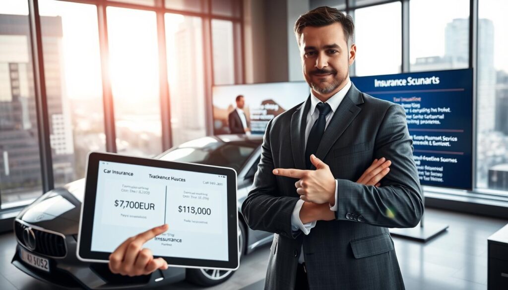 A confident insurance agent in a professional suit stands in a modern office, analyzing a tablet displaying competitive car insurance quotes. In the foreground, the agent points at the differences in evaluations: 7,100 EUR versus 13,500 EUR, symbolizing market influences on pricing. The middle ground shows a sleek, luxury car parked beside a digital screen highlighting key insurance services and benefits. The background includes large windows framing a bustling cityscape, with bright sunlight streaming in, creating a sense of trust and professionalism. A subtle glow highlights the agent’s face, conveying determination and insight. The atmosphere is focused, emphasizing professionalism and market dynamics. A confident insurance agent in a professional suit stands in a modern office, analyzing a tablet displaying competitive car insurance quotes. In the foreground, the agent points at the differences in evaluations: 7,100 EUR versus 13,500 EUR, symbolizing market influences on pricing. The middle ground shows a sleek, luxury car parked beside a digital screen highlighting key insurance services and benefits. The background includes large windows framing a bustling cityscape, with bright sunlight streaming in, creating a sense of trust and professionalism. A subtle glow highlights the agent’s face, conveying determination and insight. The atmosphere is focused, emphasizing professionalism and market dynamics.
