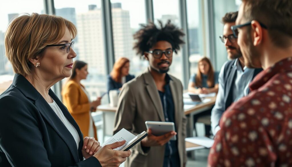 A customer-focused scene depicting diverse individuals engaging in a discussion about insurance, set in a modern office environment. In the foreground, a middle-aged woman in professional attire shares her thoughts, her expression thoughtful and engaged. Beside her, a young man in casual business wear nods in agreement, holding a tablet. In the middle ground, a small group of people is seated at a conference table, with papers and digital devices scattered around, representing a collaborative atmosphere. The background features a glass wall with a cityscape view, bright natural light streaming in, creating a warm and inviting ambiance. The overall mood should convey a sense of trust, community, and professionalism, highlighting the importance of customer feedback in the insurance sector.