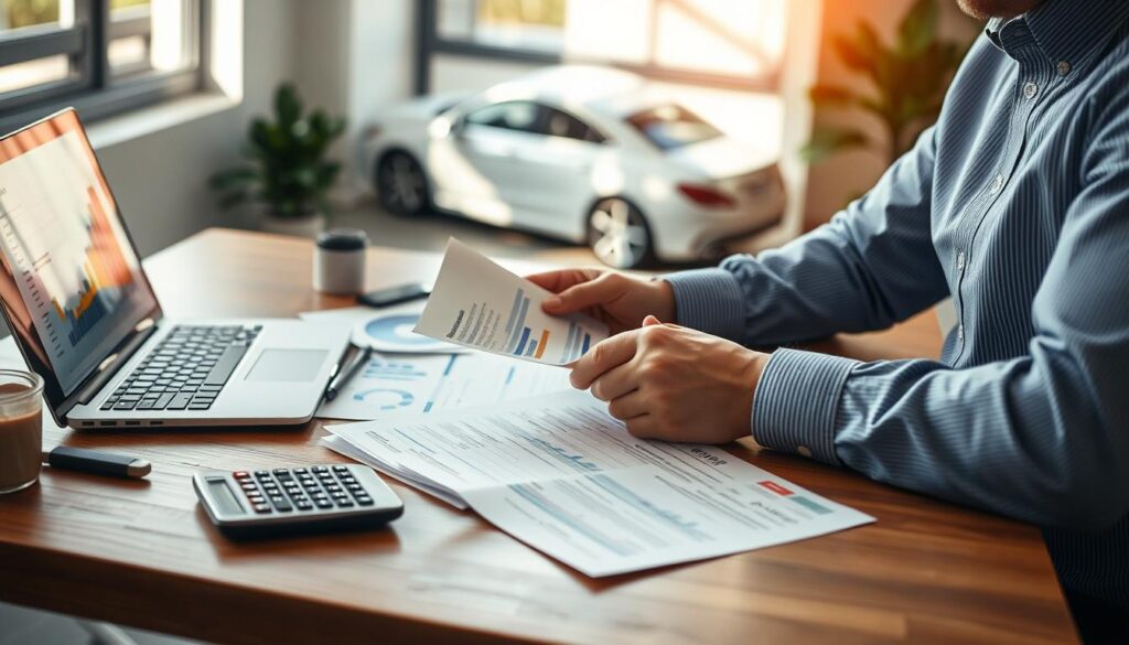 A detailed analysis of auto insurance offerings, focusing on a financial comparison. The foreground features a professional looking at two car insurance quotes on a sleek wooden desk, surrounded by a calculator, graphs, and a laptop displaying relevant statistics. The middle ground showcases a well-organized workspace with a blurred image of a car in the background, symbolizing the insurance subject. Natural light streams through a nearby window, casting soft shadows, adding a warm atmosphere to the scene. The mood conveys diligence and serious consideration, with an emphasis on clarity and professionalism. The image should not contain any text, people in casual attire, or distractions, focusing solely on the theme of auto insurance analysis. A detailed analysis of auto insurance offerings, focusing on a financial comparison. The foreground features a professional looking at two car insurance quotes on a sleek wooden desk, surrounded by a calculator, graphs, and a laptop displaying relevant statistics. The middle ground showcases a well-organized workspace with a blurred image of a car in the background, symbolizing the insurance subject. Natural light streams through a nearby window, casting soft shadows, adding a warm atmosphere to the scene. The mood conveys diligence and serious consideration, with an emphasis on clarity and professionalism. The image should not contain any text, people in casual attire, or distractions, focusing solely on the theme of auto insurance analysis.