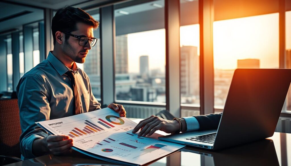 A detailed analysis scene depicting a professional financial analyst in an office environment, reviewing the "MOTOEXPERT" report showcasing a valuation of 9,800 EUR. In the foreground, the analyst, dressed in business attire, is focused on a large, illuminated report on the desk, with charts and graphs illustrating the valuation data. The middle layer features a sleek laptop open next to the report, displaying analytical software. In the background, a large window allows natural light to flood the room, reflecting a busy cityscape outside. The atmosphere is one of intense concentration and professionalism, with warm lighting enhancing the overall ambiance. A clear and organized workspace conveys the importance of the analysis being conducted.