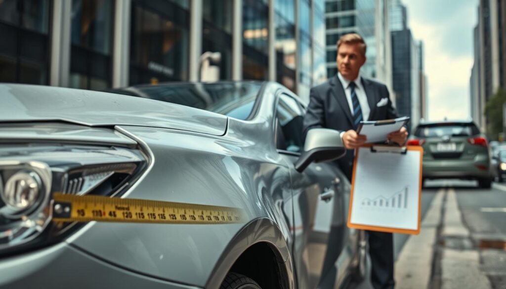 A detailed and polished scene of a damaged car parked on a city street, showcasing visible dents and scratches to emphasize the theme of an insurance claim for vehicle damage. In the foreground, include a measuring tape and a clipboard highlighting figures, symbolizing the process of valuation. The middle ground features an insurance adjuster in professional business attire examining the car, closely inspecting the damage with a thoughtful expression. The background displays a bustling city environment with office buildings, hinting at the corporate aspect of insurance valuations. Use natural daylight to enhance clarity, with a slight depth of field focus on the car and adjuster to convey a sense of professionalism and seriousness surrounding the valuation process. The overall mood is serious and contemplative, underscoring the importance of accurate assessments in insurance claims.