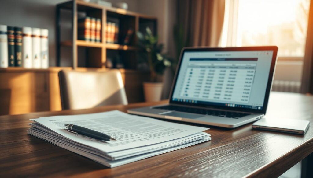 A detailed arrangement of insurance documents displayed on a sleek wooden desk in an office setting. The foreground features a stack of neatly organized papers, including a prominently visible insurance policy, with a pen placed beside them. In the middle, there is a laptop showing an open spreadsheet with figures related to insurance valuations. The background is softly blurred, revealing a modern office space with a shelf holding law books and a plant, contributing to a professional atmosphere. Warm, natural lighting filters in through a nearby window, casting gentle shadows. The overall mood is serious and focused, as if capturing a moment of important financial decision-making. A detailed arrangement of insurance documents displayed on a sleek wooden desk in an office setting. The foreground features a stack of neatly organized papers, including a prominently visible insurance policy, with a pen placed beside them. In the middle, there is a laptop showing an open spreadsheet with figures related to insurance valuations. The background is softly blurred, revealing a modern office space with a shelf holding law books and a plant, contributing to a professional atmosphere. Warm, natural lighting filters in through a nearby window, casting gentle shadows. The overall mood is serious and focused, as if capturing a moment of important financial decision-making.