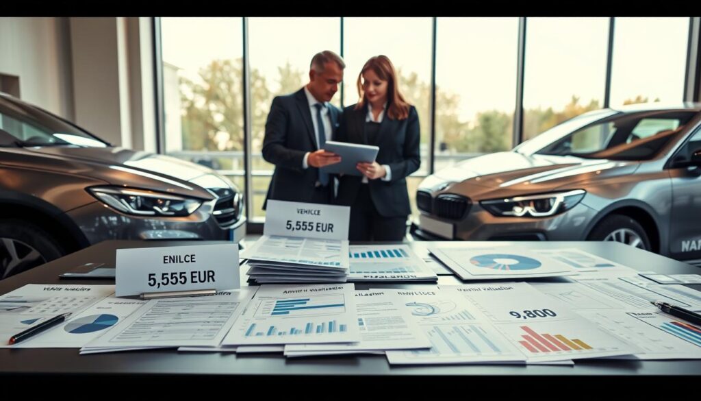 A detailed comparison of vehicle valuations, showcasing two distinct vehicles, one labeled with a price tag of 5,555 EUR and the other at 9,800 EUR. In the foreground, place a well-organized desk covered with vehicle valuation documents and charts, representing detailed analyses. In the middle ground, feature two professional individuals in business attire, deeply engaged in discussion, analyzing the documents and comparing the values on a sleek modern tablet. The background displays a large window with natural light flooding the room, casting soft shadows and creating a warm, professional atmosphere. The image should be realistic and visually clear, evoking a sense of trust and professionalism in vehicle valuation comparison.