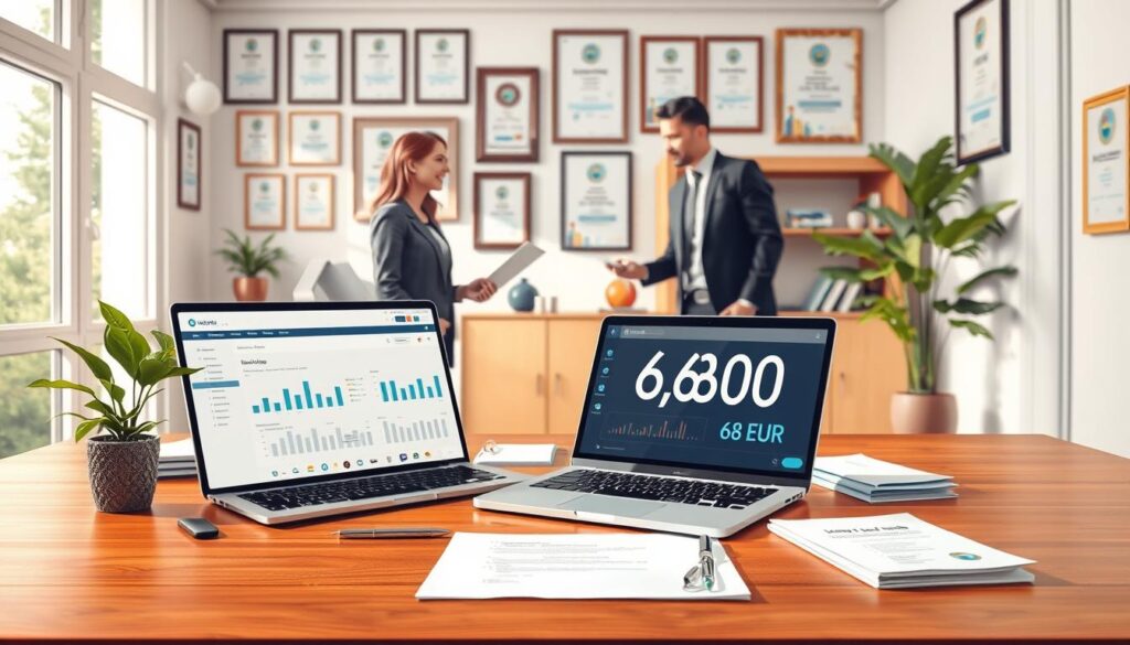 A detailed illustration of an insurance agent's office, showcasing the essence of an insurance provider offering a package for 6,800 EUR. In the foreground, display a polished wooden desk with a sleek laptop opened to a financial dashboard, surrounded by neatly organized documents and a potted plant. The middle layer features a professional agent, dressed in business attire, engaging with a client, both discussing insurance coverage options in a friendly manner. The background reveals a wall with certificates and awards, along with large windows allowing natural light to flood the room, creating a bright and welcoming atmosphere. The overall mood is professional and trustworthy, emphasizing reliability in insurance services.