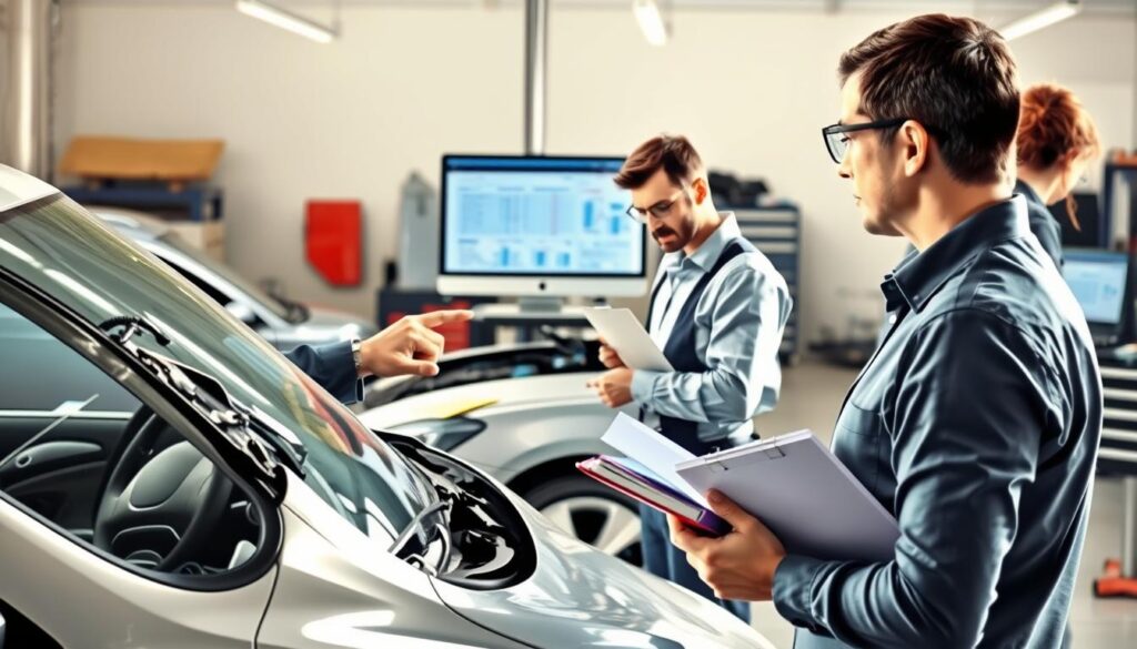 A detailed illustration of the car damage assessment process, featuring a professional setting. In the foreground, a business-clad insurance adjuster inspects a damaged vehicle, pointing to specific areas of concern with a clipboard in hand. In the middle ground, a mechanic evaluates the car's condition using tools, with a focused expression, while a computer screen displays detailed damage estimates. The background showcases a well-lit garage environment, with vehicles and tools organized neatly. Soft, natural lighting enhances the serious, professional atmosphere, highlighting the importance of the valuation process. The angle captures the interaction between the adjuster and mechanic, emphasizing collaboration and expertise in automotive damage assessment.