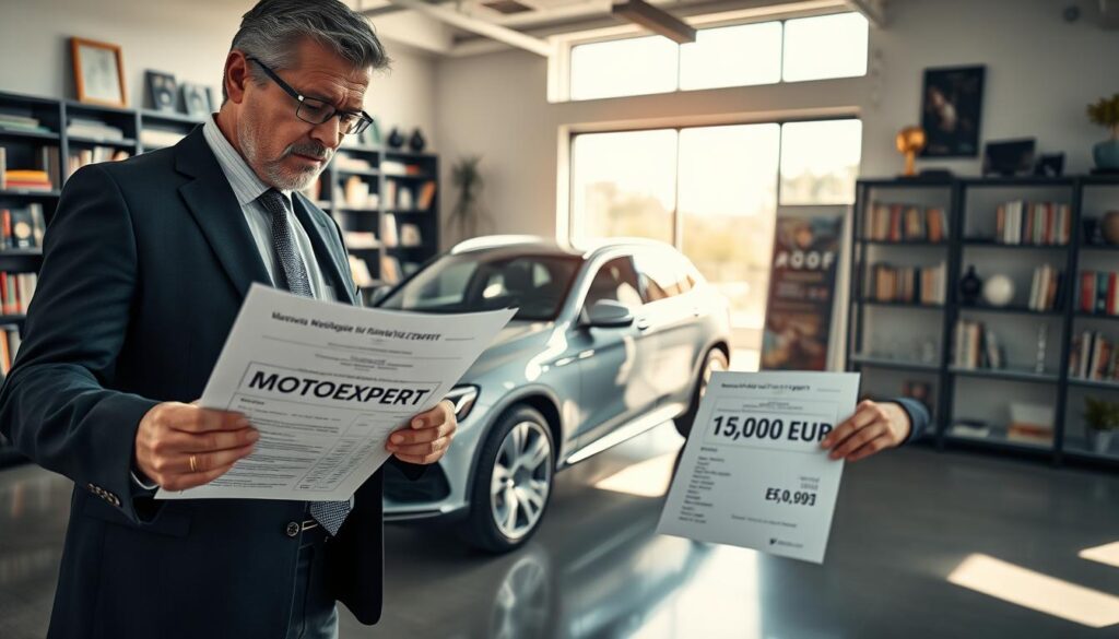 A detailed, professional setting featuring a confident automotive expert evaluating a vehicle within a well-lit office space. In the foreground, the expert, dressed in a smart business suit, is examining a detailed report, showcasing the MOTOEXPERT valuation of 15,000 EUR. In the middle ground, a sleek and polished car is parked prominently, reflecting a high-end model to symbolize quality. The background displays shelves filled with automotive books, awards, and a large window letting in natural light, casting soft shadows. The atmosphere is serious yet optimistic, emphasizing the thorough analysis and trustworthiness associated with the MOTOEXPERT brand. The image should capture a dynamic angle from slightly below eye level to highlight the expert and the car, creating a sense of authority and professionalism.