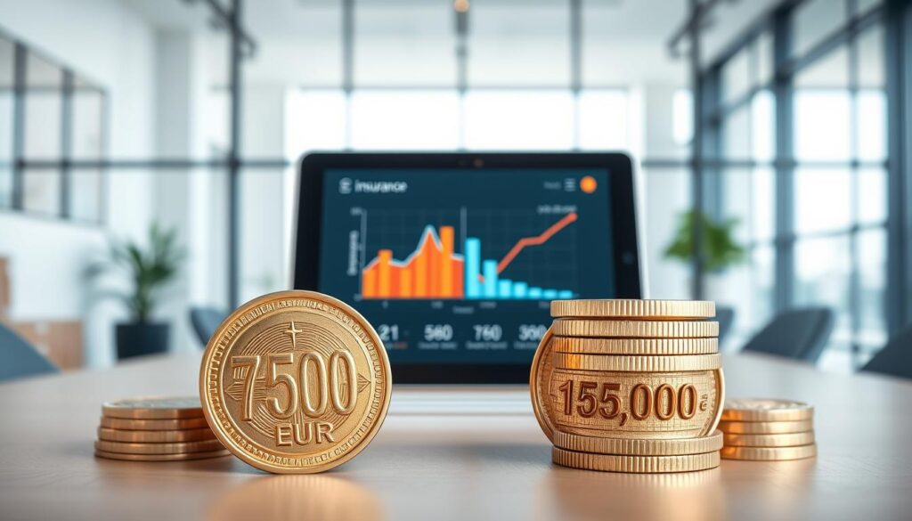 A detailed visual comparison of two insurance amounts, 7,500 EUR and 15,000 EUR, represented through contrasting graphical elements. In the foreground, two large coins or stacks of coins each labeled clearly with their respective amounts; they should look polished and shiny, symbolizing value. In the middle ground, create a sleek, modern digital tablet displaying an animated chart or graph, showing a side-by-side comparison of benefits. The background features a clean and professional office environment with soft natural lighting filtering through large windows, creating a calm and focused atmosphere. Use a wide-angle lens to capture the entire setup, ensuring the focus is sharp on the foreground while maintaining a soft blur on the background. The mood should be informative and professional.