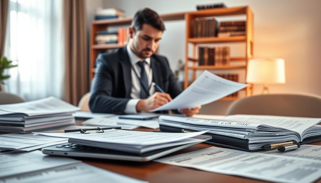 A detailed workspace setup focusing on essential documents for valuation in the insurance industry. In the foreground, an organized desk displays various papers including invoices, policy documents, and appraisal forms. A sleek laptop with financial data on the screen is positioned prominently. In the middle ground, a business professional in smart attire is carefully reviewing the documents, highlighting important points with a pen. In the background, a softly blurred bookshelf filled with reference materials on insurance and finance creates an informed atmosphere. Warm, natural lighting from a window casts a cozy glow, enhancing the professionalism of the scene. The overall mood is focused and efficient, capturing the essence of preparation for a valuation process.