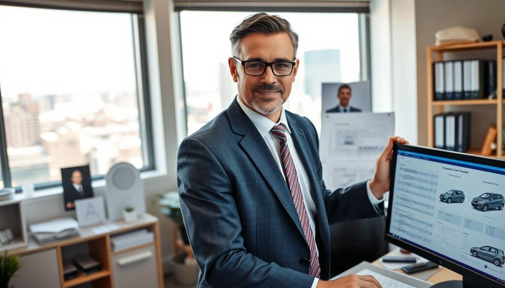 A knowledgeable automotive expert, dressed in a smart business suit, stands confidently in an office surrounded by car diagrams and valuation documents. He is focused on a computer screen displaying detailed vehicle assessments, with a confident demeanor suggesting expertise in insurance evaluations. In the background, shelves hold industry books and a window reveals an outside view of a bustling cityscape under natural daylight, creating a professional and dynamic atmosphere. The lighting is bright and even, enhancing the clarity of the scene. The image should be captured at a slight angle, emphasizing both the expert and the tools of his trade, conveying a sense of trust and authority in vehicle appraisal.