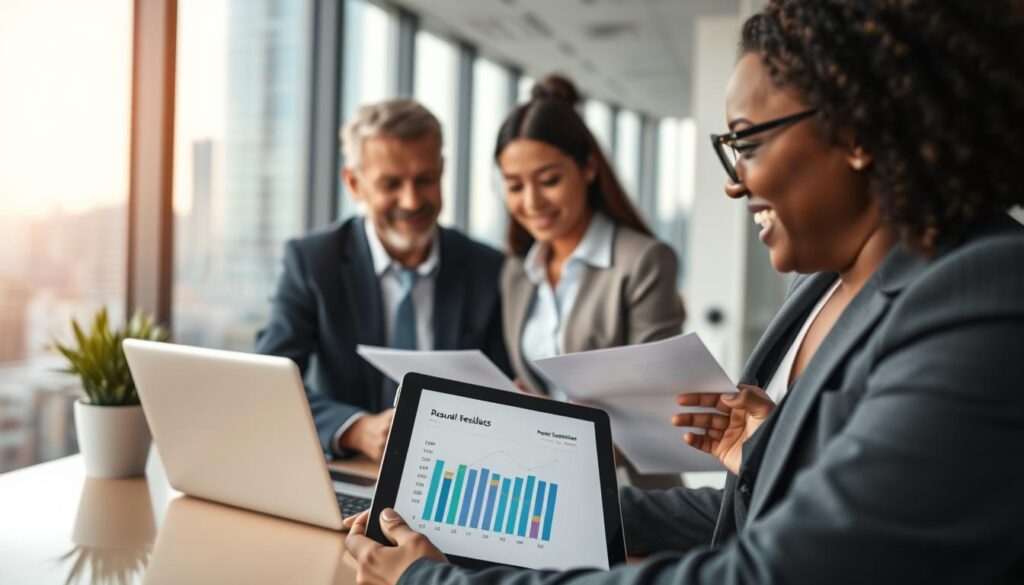 A modern office environment with a diverse group of professionals, including a middle-aged Caucasian man in a suit discussing results on a laptop, expressing satisfaction. In the foreground, a close-up of a tablet displaying positive customer feedback graphs, emphasizing high satisfaction ratings. In the middle ground, another professional, a Black woman in business casual attire, is reviewing documents with a pleased expression, hinting at successful evaluations. The background features a large window showing a cityscape with soft, natural light pouring in, creating a warm and inviting atmosphere. The overall mood conveys professionalism and contentment, celebrating customer satisfaction with insurance assessments. The image should focus on clarity, with a slight depth of field to enhance the foreground and give a polished look. A modern office environment with a diverse group of professionals, including a middle-aged Caucasian man in a suit discussing results on a laptop, expressing satisfaction. In the foreground, a close-up of a tablet displaying positive customer feedback graphs, emphasizing high satisfaction ratings. In the middle ground, another professional, a Black woman in business casual attire, is reviewing documents with a pleased expression, hinting at successful evaluations. The background features a large window showing a cityscape with soft, natural light pouring in, creating a warm and inviting atmosphere. The overall mood conveys professionalism and contentment, celebrating customer satisfaction with insurance assessments. The image should focus on clarity, with a slight depth of field to enhance the foreground and give a polished look.