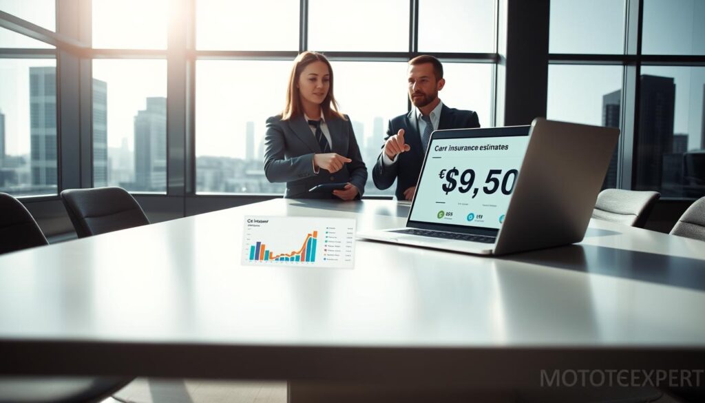 A professional and informative scene comparing two car insurance estimates. Foreground features a sleek, modern office table with a laptop open, displaying graphs and charts representing the insurance estimates: €5,555 from the insurer and €9,800 from MOTOEXPERT. In the middle, two business professionals in professional attire discuss the estimates, one pointing at the laptop screen. The background shows large windows with a cityscape, bright natural light flooding the room, creating an atmosphere of clarity and focus. Use a shallow depth of field to emphasize the discussion and the laptop, with the city silhouette softly blurred. The overall mood should convey professionalism, analysis, and insightful decision-making.