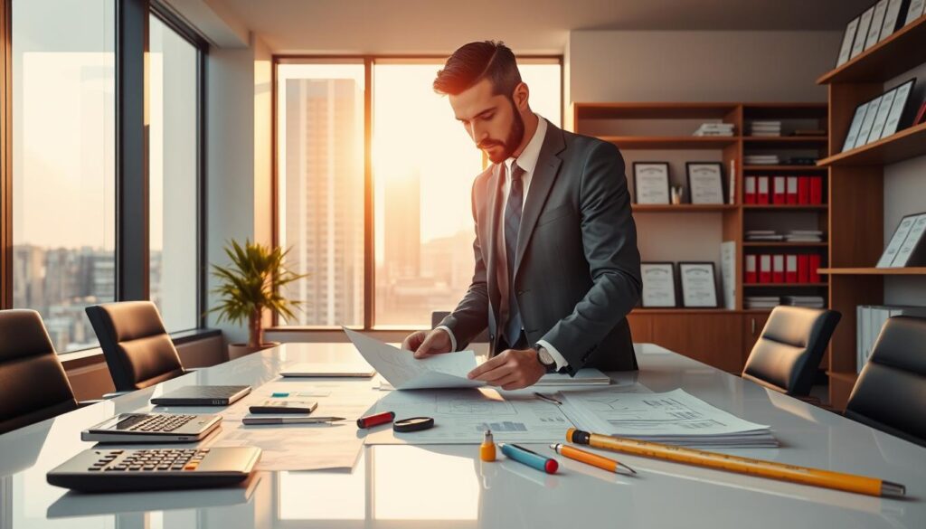 A professional and modern office setting featuring a methodical process of a cost estimation by a surveyor. In the foreground, a well-dressed surveyor, wearing a formal suit, examines detailed documents on a sleek conference table, surrounded by tools such as a calculator, laptop, and measuring devices. In the middle ground, a large window displays a cityscape bathed in warm afternoon sunlight, casting soft shadows across the room. The background shows shelves filled with industry-related books and certificates, emphasizing expertise. The overall atmosphere is focused and analytical, conveying a sense of professionalism and diligence, with natural lighting enhancing clarity and sharpness throughout the scene. A professional and modern office setting featuring a methodical process of a cost estimation by a surveyor. In the foreground, a well-dressed surveyor, wearing a formal suit, examines detailed documents on a sleek conference table, surrounded by tools such as a calculator, laptop, and measuring devices. In the middle ground, a large window displays a cityscape bathed in warm afternoon sunlight, casting soft shadows across the room. The background shows shelves filled with industry-related books and certificates, emphasizing expertise. The overall atmosphere is focused and analytical, conveying a sense of professionalism and diligence, with natural lighting enhancing clarity and sharpness throughout the scene.