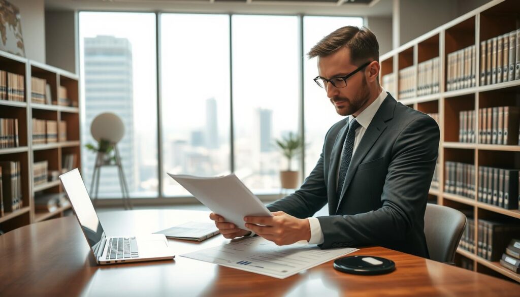 A professional and sophisticated scene depicting the concept of "costs of expert appraisal." In the foreground, a well-dressed appraiser, wearing a tailored suit, is reviewing a document on a sleek wooden desk, equipped with a laptop and financial charts. The middle ground shows a large window with natural light pouring in, illuminating the space, with a panoramic view of a cityscape. In the background, shelves filled with law books and appraisal tools, emphasizing professionalism. The mood is serious yet optimistic, suggesting detailed analysis and financial precision. The lighting is bright but soft, creating an inviting yet focused atmosphere, suitable for an expert's workspace. The composition should showcase a sense of reliability and expertise without any text elements or distractions.