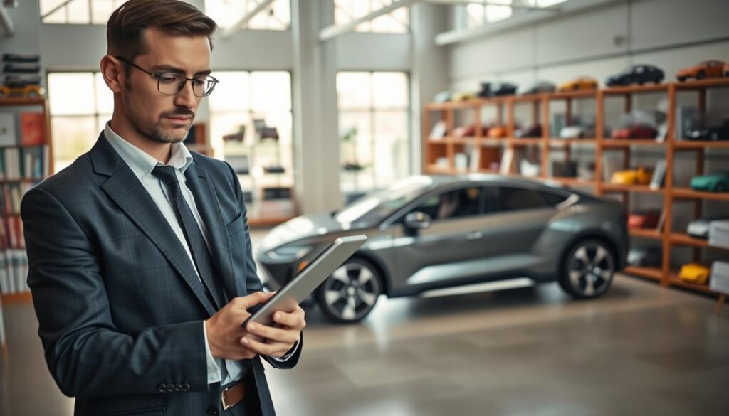 A professional appraiser, dressed in a smart business suit, stands confidently in a well-lit office environment, analyzing vehicle specifications on a high-tech digital tablet. The foreground features the appraiser focused on the screen, with important automotive data displayed. In the middle ground, a sleek modern car is parked, showcasing its features under bright, natural lighting from large windows. The background includes shelves filled with reference books and automotive models, illustrating an atmosphere of expertise and credibility. The mood is serious yet approachable, emphasizing professionalism and attention to detail in vehicle valuation. The scene is shot with a soft-focus effect, enhancing the subject's importance, while maintaining a clean and orderly aesthetic.