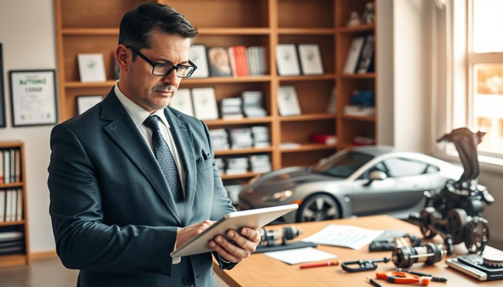 A professional automotive appraiser, dressed in a smart business suit, stands confidently in an office setting, examining a detailed vehicle evaluation report. The appraiser, a middle-aged man with short dark hair and glasses, interacts with a digital tablet displaying graphs and data. The foreground features the tablet with a clear view of the evaluation figures prominently showing "13,500 EUR." In the middle ground, a sleek, modern car is being discussed, with various car parts and tools arranged neatly on the desk. The background includes bookshelves filled with automotive guides and framed certificates, showcasing professionalism and expertise. Soft, natural lighting from a nearby window casts a warm ambiance, creating a focused yet inviting atmosphere that emphasizes the subject's authority in vehicle valuations.