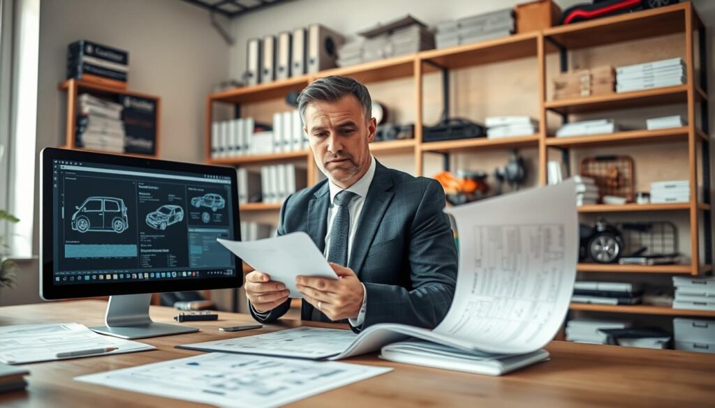 A professional automotive appraiser (rzeczoznawca) in a well-lit office environment, reviewing vehicle documents on a sleek wooden desk. The appraiser, a middle-aged man in a smart business suit, focused and analytical, is surrounded by automotive blueprints and a computer screen displaying detailed vehicle assessments. In the background, shelves filled with automotive reference books and tools create a sense of expertise. Soft, natural light filters through a window, creating a warm and inviting atmosphere. The angle is slightly above eye level, capturing both the appraiser’s intent expression and the organized workspace. The image emphasizes professionalism and attention to detail, illustrating the importance of accurate vehicle valuation at the price of 9,900 EUR.