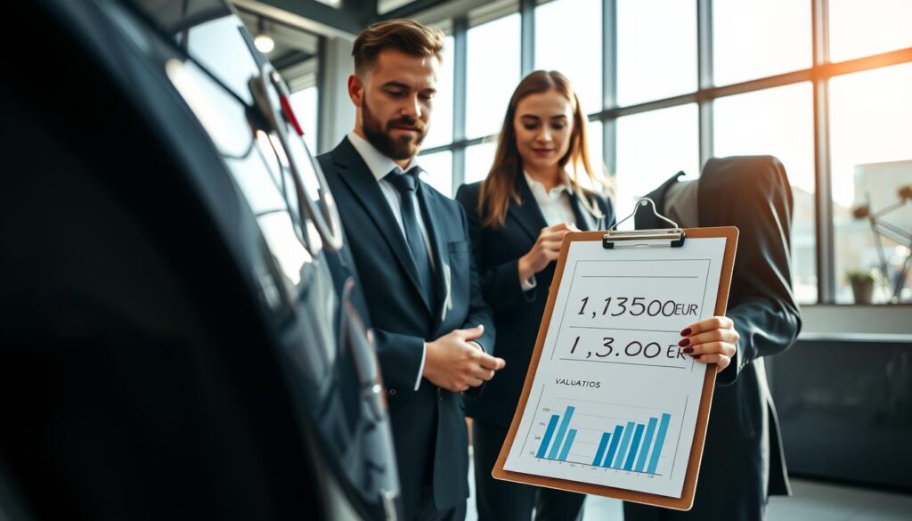 A professional automotive expert, depicted as a male and a female appraiser in business attire, is examining a car, highlighting the meticulous assessment process. The foreground features a shiny vehicle, reflecting detailed components like the tire and engine. In the middle ground, a clipboard with graphs and calculations shows valuation information prominently related to 13,500 EUR. The background displays a modern office setting with large windows letting in natural light, casting a bright, optimistic atmosphere. The lighting should emphasize the professional environment, creating dynamic shadows that enhance the image's depth. The overall mood conveys precision, expertise, and trustworthiness, ideal for illustrating the evaluation process.