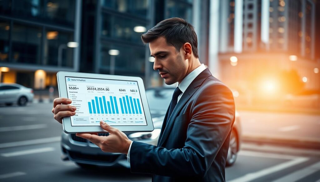 A professional automotive expert, dressed in a smart business suit, carefully examines a car's exterior under soft, diffused lighting. In the foreground, he holds a tablet displaying data about vehicle valuation, symbolizing accuracy and expertise. The middle ground features a sleek, modern car parked in an urban setting, showcasing the importance of valuing high-quality vehicles. In the background, cityscape elements subtly blend into the scene, adding a contemporary vibe. The composition is captured from a slightly elevated angle to give a comprehensive view of the expert's focused analysis. The overall mood reflects professionalism and confidence, emphasizing the critical role of a quality assessor in determining vehicle value.
