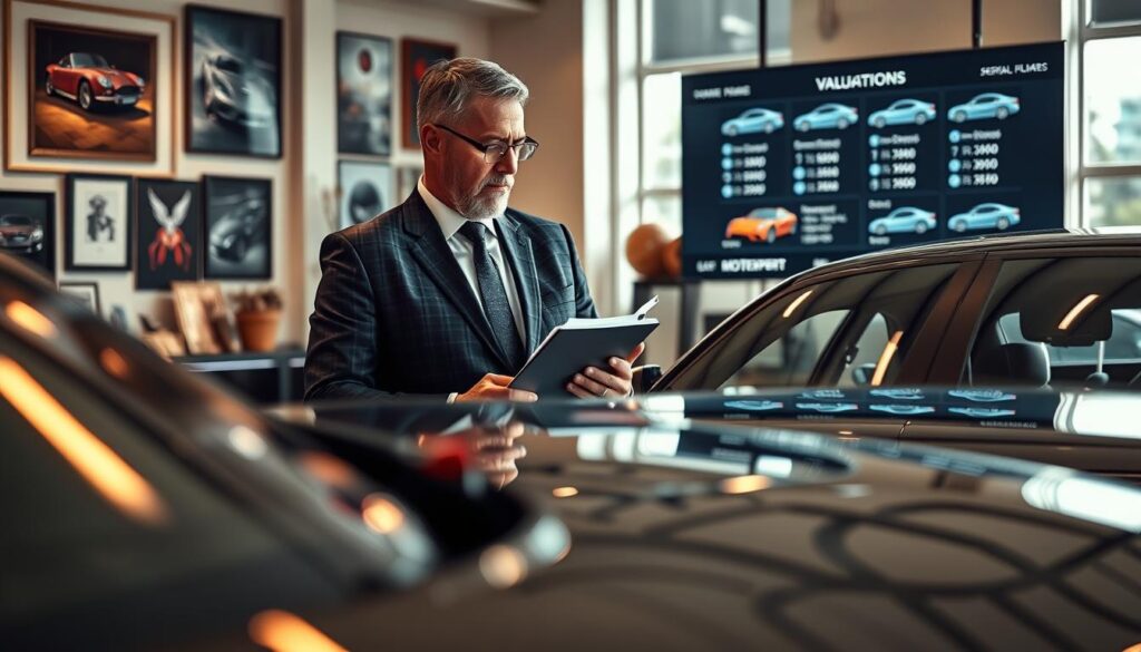 A professional automotive expert (rzeczoznawca) examining a sleek, modern car in a well-lit office environment filled with automotive art and awards in the background. The expert, a middle-aged man in a tailored suit, confidently inspects the vehicle's features, holding a clipboard with detailed notes. Soft natural light streams through large windows, casting a warm glow on the polished surfaces. In the background, a digital display showcases varying car valuations, emphasizing comparison and analysis. The atmosphere is one of trust and expertise, reflecting the reliability and professionalism associated with MOTOEXPERT. The image captures the essence of making informed financial decisions in automotive valuation.