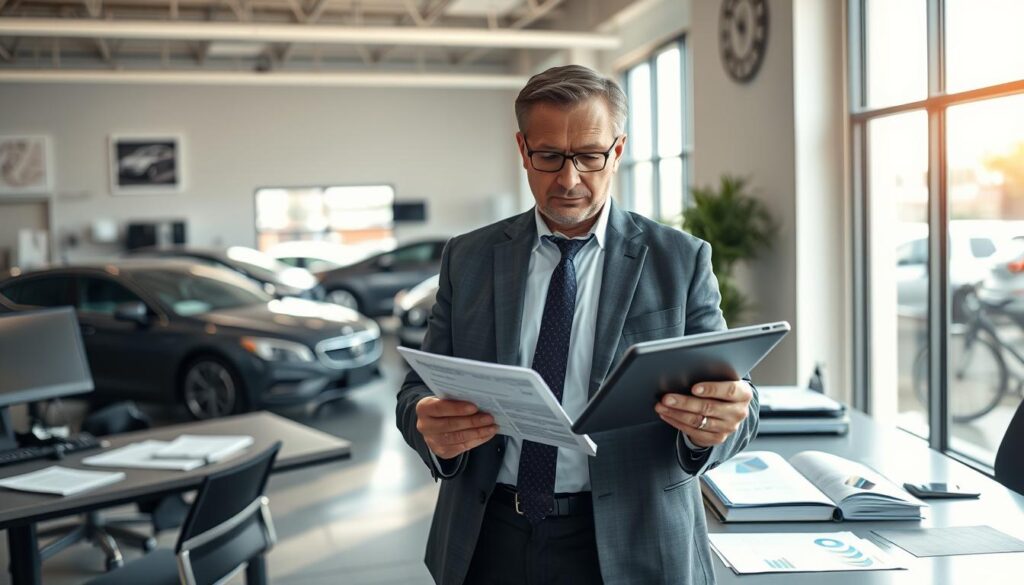 A professional automotive expert stands confidently in an office filled with vehicle assessment tools, surrounded by a stylish desk and various analytical documents. The expert, a middle-aged man in smart business attire, examines a vehicle inspection report on a sleek tablet, his focused expression revealing expertise and attention to detail. Soft, natural lighting illuminates the scene, casting gentle shadows that add depth. In the background, a large window reveals a bright day, hinting at automobiles parked outside, reinforcing the theme of vehicle appraisal. The atmosphere is serious yet productive, encapsulating the essence of a professional in the field of vehicle assessment.