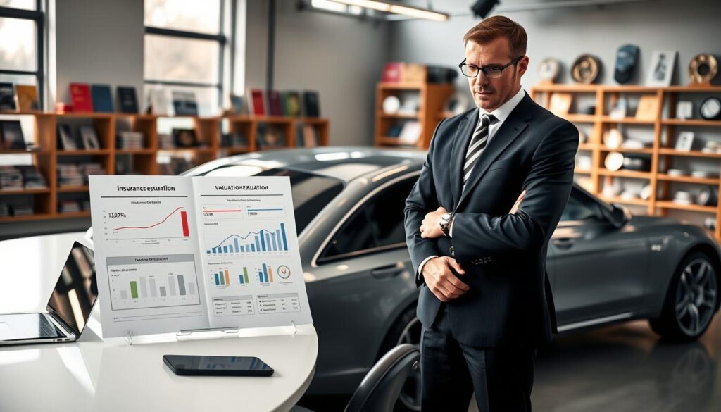 A professional automotive expert, wearing a smart business suit, stands confidently next to a sleek, polished car in an office environment designed for valuation assessments. In the foreground, the expert examines a detailed report on vehicle valuation, showcasing charts and figures indicating the difference between insurance estimates and MOTOEXPERT's valuation. The middle of the image features a modern conference table surrounded by high-tech devices like a laptop and tablets, emphasizing a technology-driven approach. Soft, natural lighting streams in from large windows, casting a warm glow over the scene. The background includes shelves filled with car manuals and industry awards, creating a credible and professional atmosphere. The overall mood conveys expertise, reliability, and the importance of accurate vehicle valuation.
