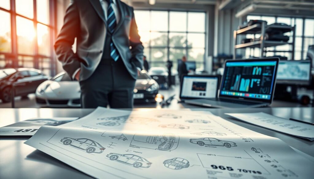 A professional automotive expert, wearing a tailored suit and tie, stands confidently in a modern office filled with car blueprints and models. In the foreground, a detailed evaluation document featuring various car illustrations and technical specifications lays on a sleek desk. The middle ground reveals high-end automotive tools and a laptop displaying data analysis, hinting at the expertise involved in motor appraisal. The background features large windows with sunlight streaming in, casting a warm, focused glow over the workspace. The atmosphere is one of professionalism and precision, conveying the serious nature of automotive valuations. The scene captures a sense of authority and expertise in the field, emphasizing the significance and detail involved in the MOTOEXPERT evaluation.