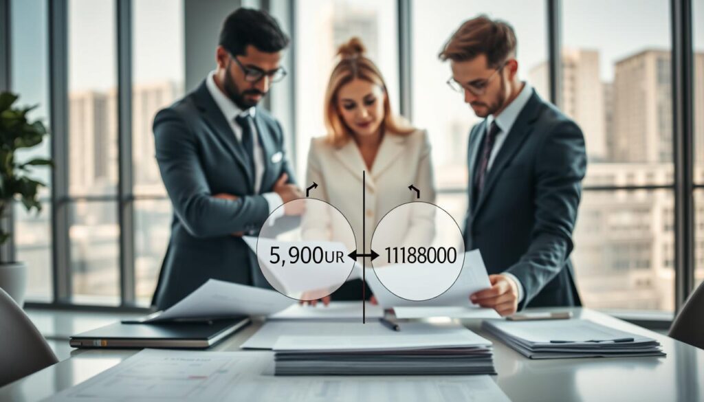 A professional business environment showcasing a comparison of insurance valuations. In the foreground, a diverse group of three professionals in business attire (two men and one woman) analyzing documents and charts on a table. The middle ground features a detailed pie chart clearly illustrating the two valuation amounts: 5,900 EUR on one side and 11,800 EUR on the other, linked by arrows to represent comparison. The background includes a modern office setting with large windows letting in natural light, highlighting a cityscape outside. The ambiance is focused and analytical, emphasizing the importance of making informed decisions. Use soft, diffused lighting to create a calm yet engaging atmosphere, with a realistic lens effect to add depth to the scene.